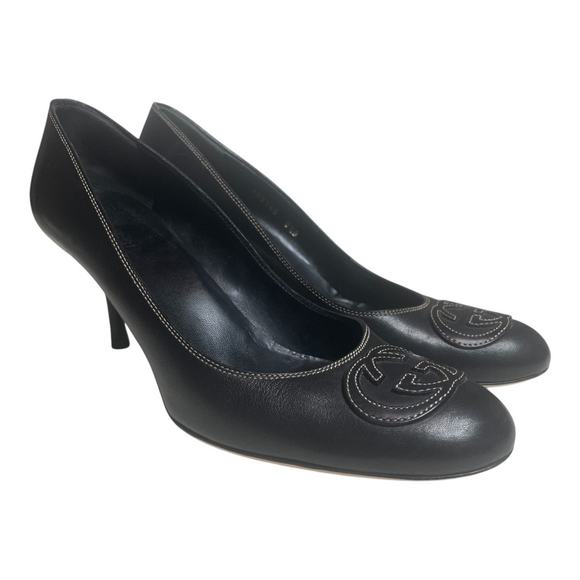 Gucci Black Leather Pumps GG Logo Round Toe Contrast Stitching 8.5 - Picture 1 of 11